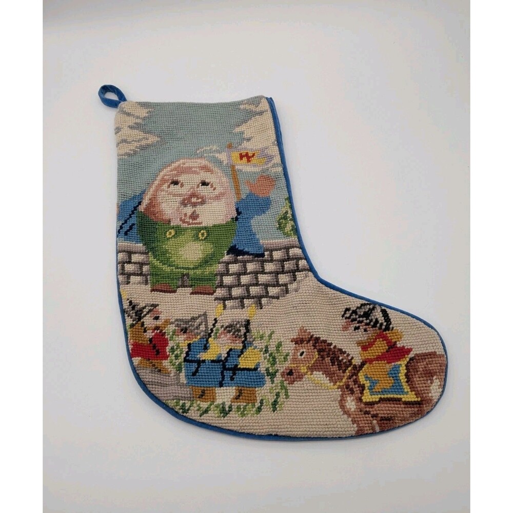 Vtg Handmade Needlepoint Christmas Stocking Humpty Dumpty Blue Velvet Back 17"